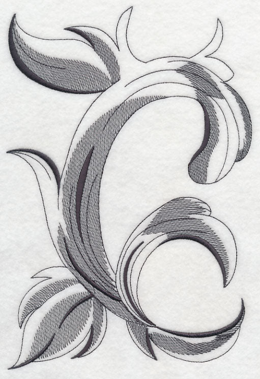 Gray floral and leaf embroidery with fine stitching appears on white fabric; Vologne Baroque Flourish design shown.