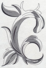 Black and gray floral swirl embroidery design on a textured white background, shown as a digitally downloadable file.