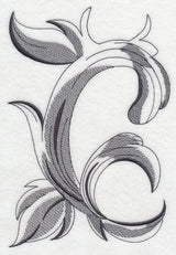 Embroidered letter C with detailed swirling, leaf-pattern stitching in grayscale; shown as a machine embroidery design.