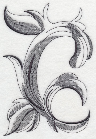 A black and gray baroque-style letter C features intricate embroidered leaf motifs in a digital machine embroidery design.