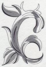 A black and gray baroque-style letter C features intricate embroidered leaf motifs in a digital machine embroidery design.