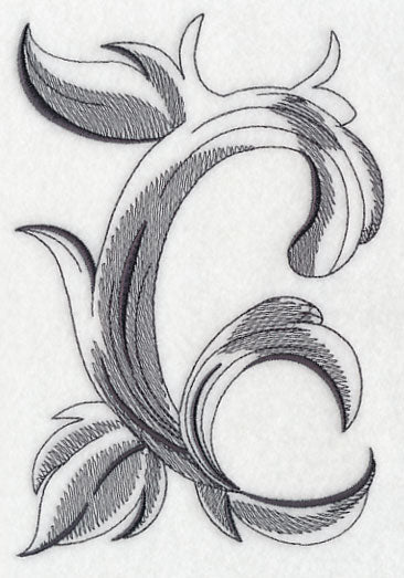 Gray embroidered letter C with intricate floral and leaf details on a white background, shown as a machine embroidery design.