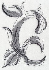 Gray embroidered letter C with intricate floral and leaf details on a white background, shown as a machine embroidery design.