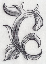 Ornate baroque embroidered letter C with leaf motifs on white; digital machine embroidery design download.