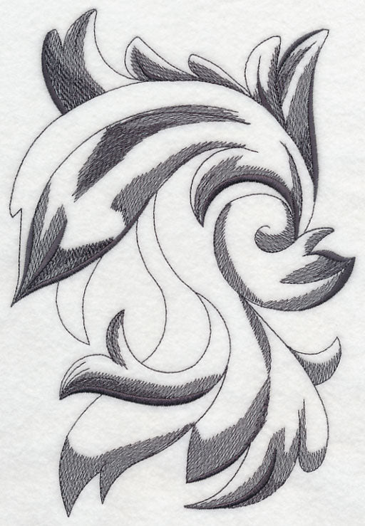 Black and white leaf embroidery with bold, swirling lines on white fabric; digital machine embroidery download.