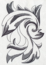 Black and gray embroidered leaves and swirls with fine stitching on white, available as a digital download.