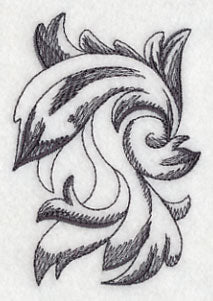 Black and gray abstract floral embroidery design on white fabric shown as a digitally downloadable machine embroidery design.