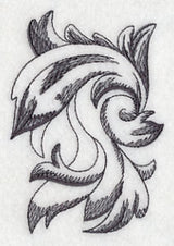 Black and gray abstract floral embroidery design on white fabric shown as a digitally downloadable machine embroidery design.
