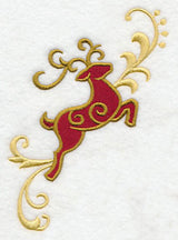 Digitally downloadable machine embroidery design of a reindeer flying right, stitched in red and gold with swirling antlers.