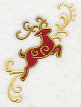 Digitally downloadable machine embroidery design of a reindeer flying right, stitched in red and gold filigree details.