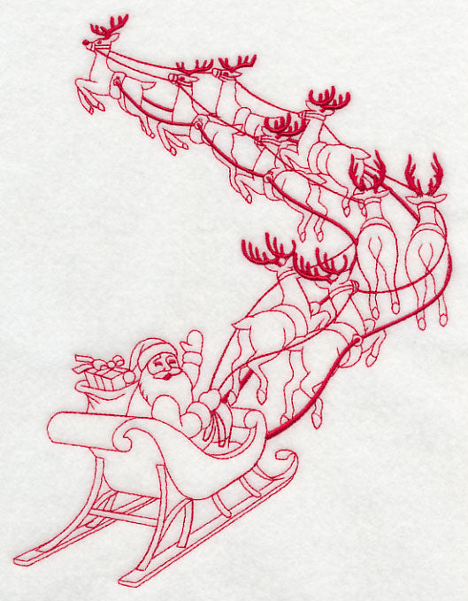 Santa and His Team Takes Flight (Redwork)