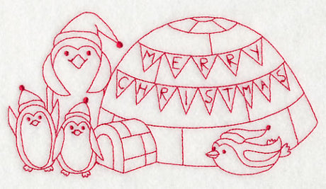 Penguins Merry Christmas (Redwork)