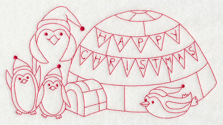 Penguins Happy Christmas (Redwork)