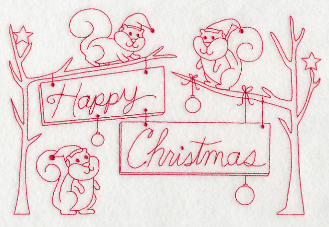 Squirrels Happy Christmas (Redwork)