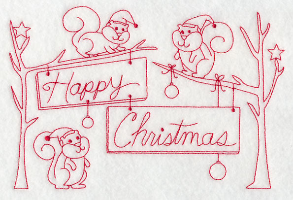 Squirrels Happy Christmas (Redwork)