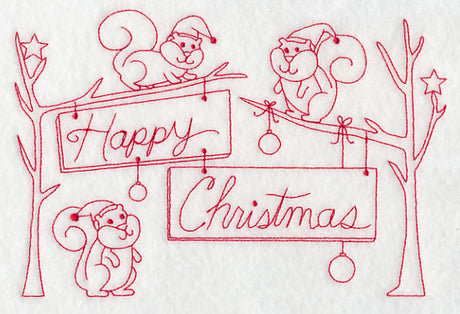Squirrels Happy Christmas (Redwork)