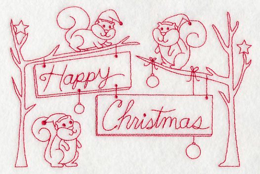 Squirrels Happy Christmas (Redwork)