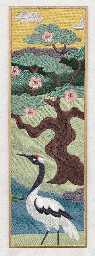 Japanese Garden Panel Scene - Blossom Tree and Crane