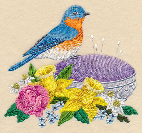 Bluebird on Antique Pincushion