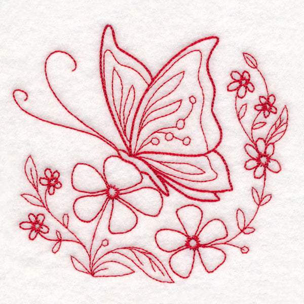 Nostalgic Nature - Butterfly with Flowers (Redwork)