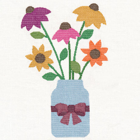 Primitive Coneflowers in Mason Jar (Cross Stitch)