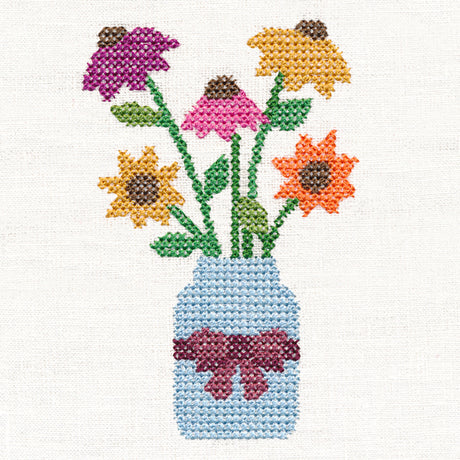 Primitive Coneflowers in Mason Jar (Cross Stitch)
