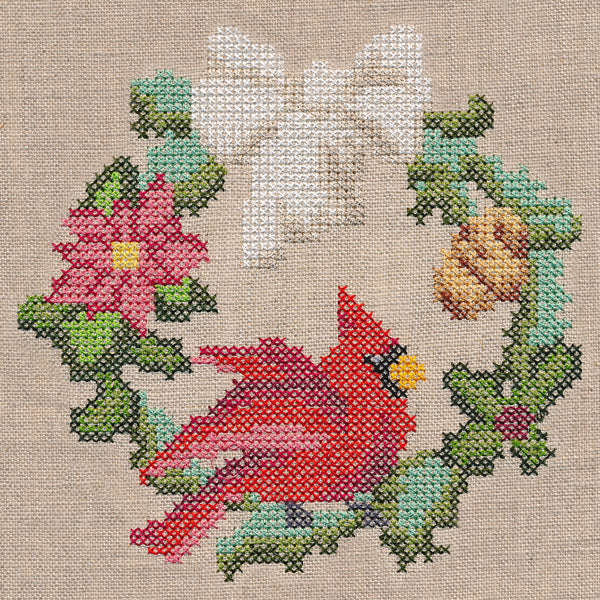 White Christmas Cardinal Wreath (Cross Stitch)