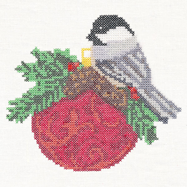 Christmas Chickadee on Ornament (Cross Stitch)