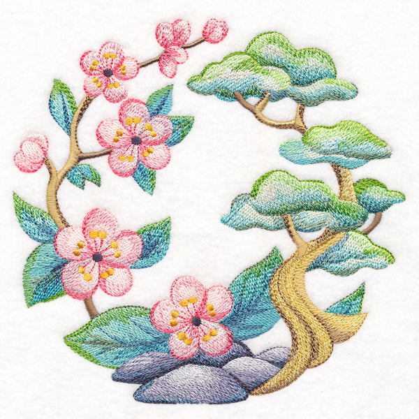 Blossoms and Bonsai Wreath in Watercolor
