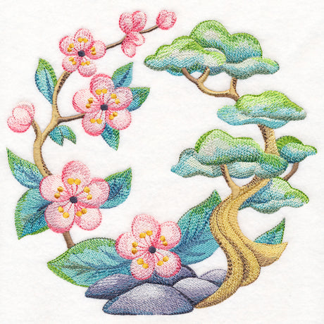 Blossoms and Bonsai Wreath in Watercolor