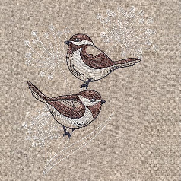 Cheery Chickadees on Flower Stems