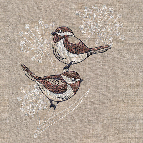 Cheery Chickadees on Flower Stems