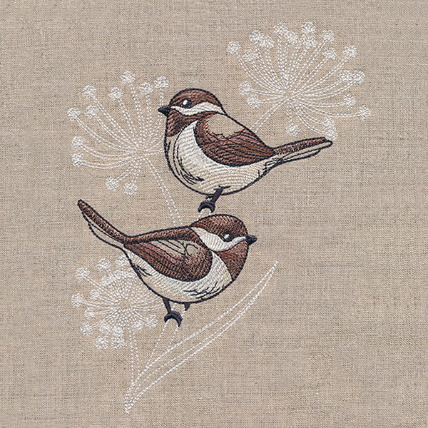 Cheery Chickadees on Flower Stems