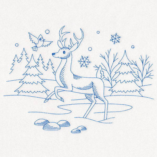 Winter Woodland Scene - Deer & Cardinal (Bluework)