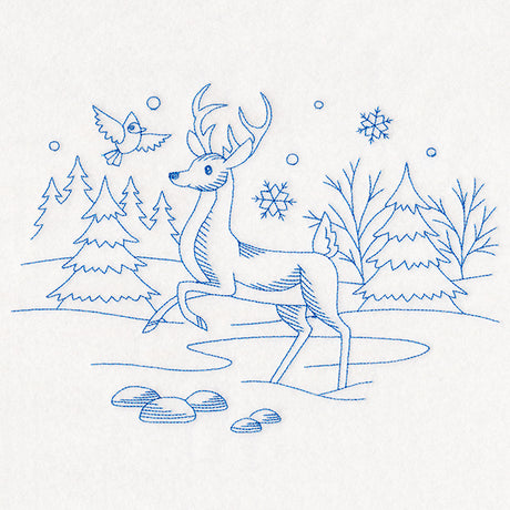 Winter Woodland Scene - Deer & Cardinal (Bluework)
