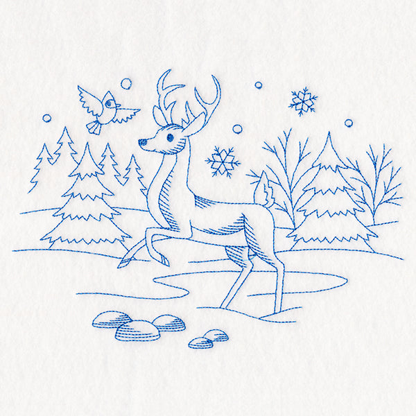 Winter Woodland Scene - Deer & Cardinal (Bluework)