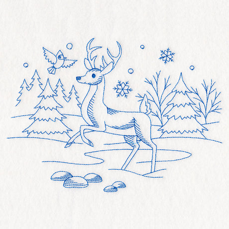 Winter Woodland Scene - Deer & Cardinal (Bluework)