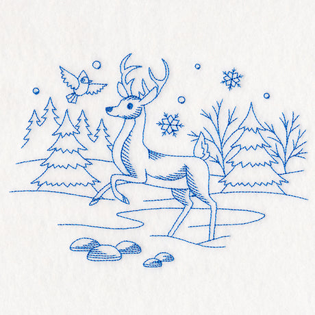 Winter Woodland Scene - Deer & Cardinal (Bluework)