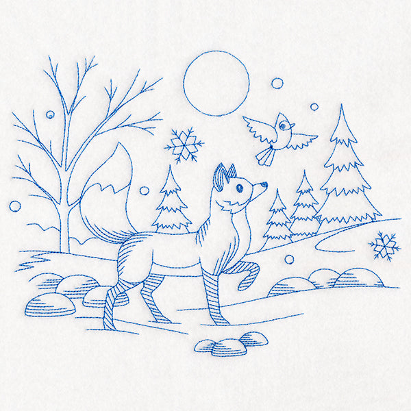 Winter Woodland Scene - Fox & Cardinal (Bluework)