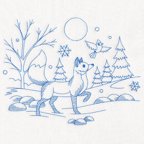Winter Woodland Scene - Fox & Cardinal (Bluework)