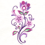 Digitally downloadable machine embroidery design of a floral spray with three purple and pink flowers, green leaves, and swirling stems on white fabric.