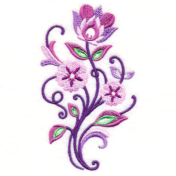 Digitally downloadable machine embroidery design of a floral spray with purple and pink flowers and green and purple leaves on swirling stems.