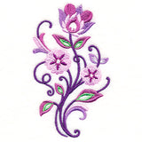 Digitally downloadable machine embroidery design of a floral spray with purple and pink flowers and green and purple leaves on swirling stems.