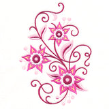 Digitally downloadable machine embroidery design featuring three stylized pink and purple flowers with swirling vines and decorative leaves.