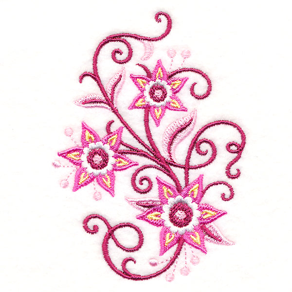 Digitally downloadable machine embroidery design of three pink and yellow star-shaped flowers with swirling dark pink stems and leaves on white fabric.