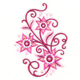 Digitally downloadable machine embroidery design of three pink and yellow star-shaped flowers with swirling dark pink stems and leaves on white fabric.