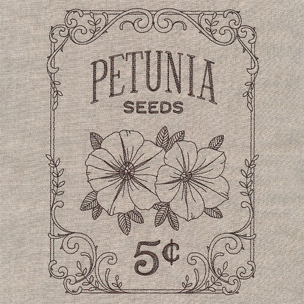 flower seeds petunias Flower Garden Seed Packet - Petunias 9.17" x 6.85" / 232.85mm x 173.99mm | Machine Embroidery Design