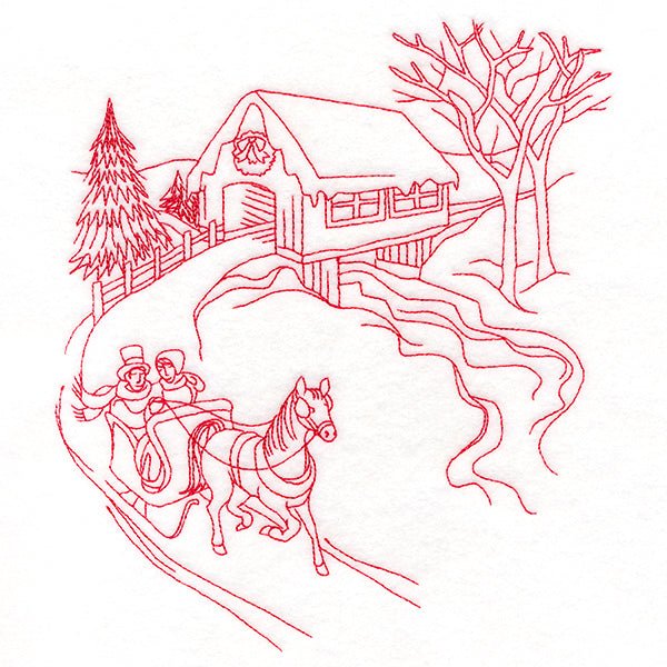 Classic Christmas Scene - Covered Bridge (Redwork)