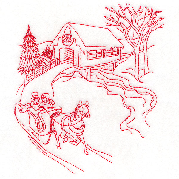 Classic Christmas Scene - Covered Bridge (Redwork)