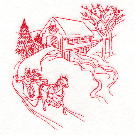 Classic Christmas Scene - Covered Bridge (Redwork)